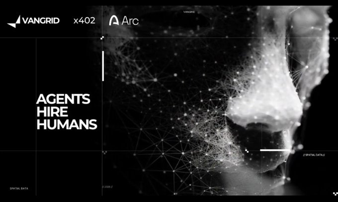 A black and white graphic with the text 'AGENTS HIRE HUMANS', featuring the 'VANGRID' and 'Arc' logos over a face composed of wireframe lines.
