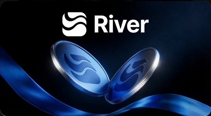 A graphic displaying the "River" logo above two metallic blue coins featuring the River symbol on a dark background.