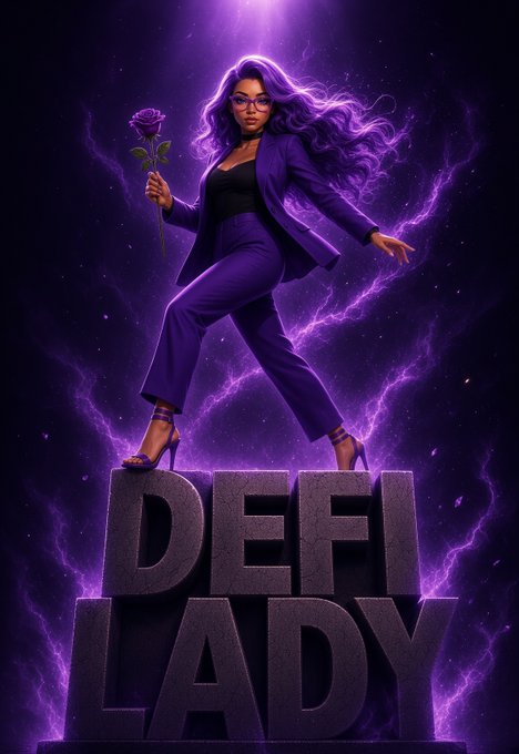 A digital artwork features a woman in a purple power suit holding a purple rose, standing atop the text 'DEFI LADY' with a cosmic purple background.