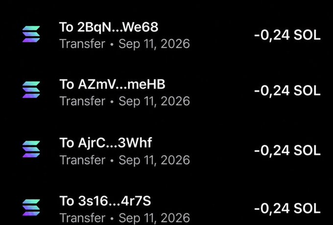 A screenshot of four Solana (SOL) transfer transactions of -0.24 SOL each, dated Sep 11, 2026, sent to truncated wallet addresses (2BqN...We68, AZmV...meHB, AjrC...3Whf, and 3s16...4r7S). The image illustrates the crypto tip transactions referenced in the post, which describes sending "$100 x 4" to recipients @riumaxyz, @tboysznn, @AmittCrypto, and @dpXmaki via Solana transfers.