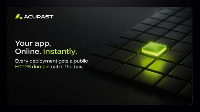 Acurast's promotional graphic with the tagline "Your app. Online. Instantly." and "Every deployment gets a public HTTPS domain out of the box," featuring a glowing green tile on a black grid that visually represents instant, one-click deployment—directly reinforcing the post's message that every Acurast deployment now ships with a public HTTPS domain at `clientId.acu.run`.