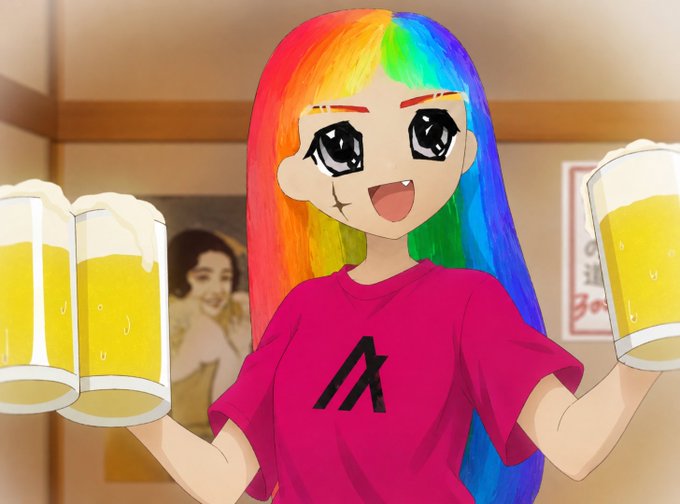 An anime-style illustration shows a character with vibrant rainbow-colored hair, large expressive eyes, and a fang, wearing a red t-shirt with a black "A" logo, holding up foaming mugs of yellow beer.