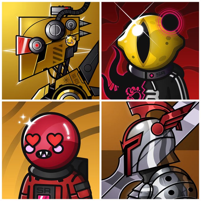 Four trading cards display various cartoon characters: a yellow robot, a yellow snake-like figure, a red character with heart eyes, and an armored figure with red wings.
