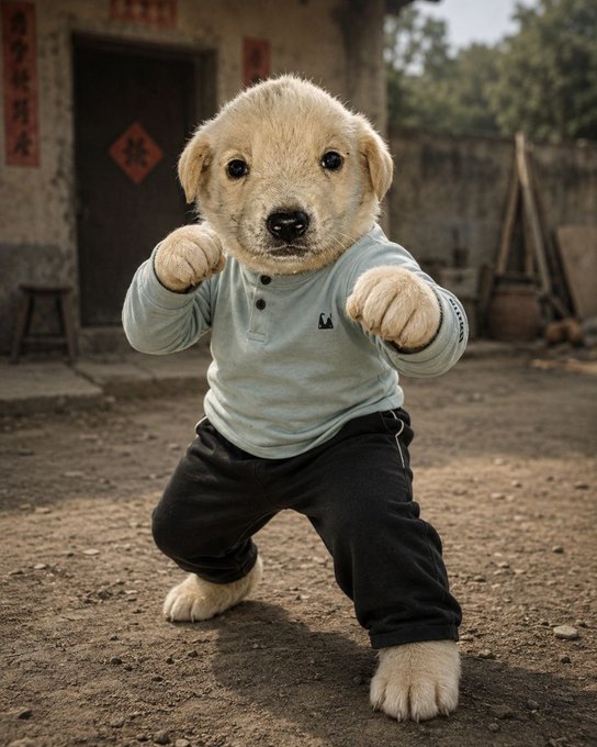 A fluffy puppy stands in a fighting stance on a dirt courtyard, wearing a light blue polo shirt and black pants, ready to throw a punch. The image's martial arts pose aligns with the post's "locked in and ready to fight" sentiment, though the backdrop features traditional Chinese decor with red banners and a doorway.