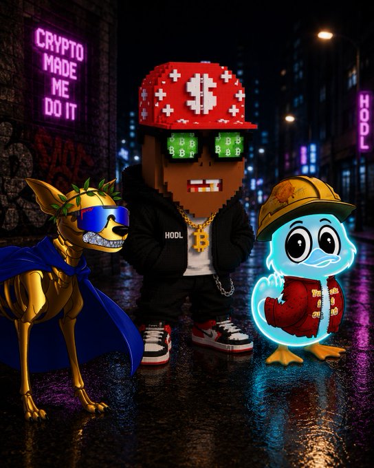 A stylized crypto-themed illustration featuring a pixel-art character with dollar-sign hat and 'HODL' shirt, a gold Shiba Inu-style dog, and a glowing blue bird character, with neon signs reading 'CRYPTO MADE ME DO IT' and 'HODL' in a cyberpunk city backdrop.
