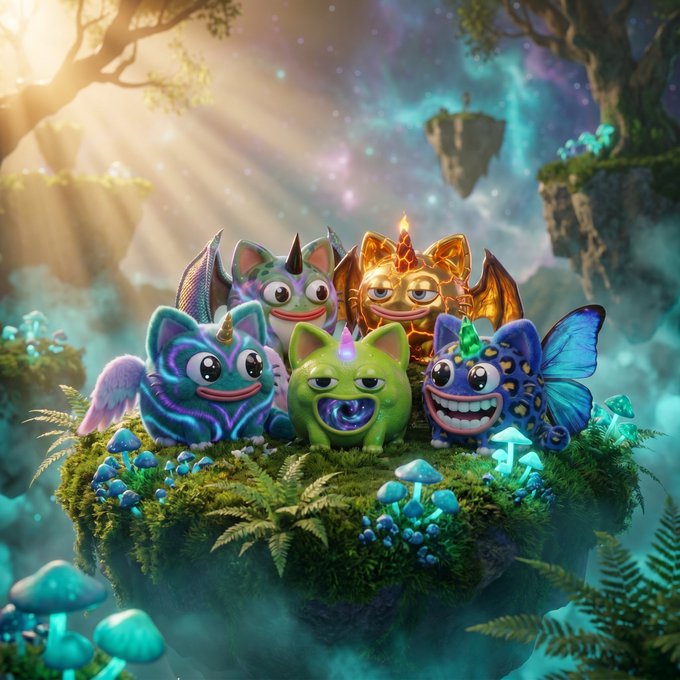 The image features a group of five cute, colorful figurines arranged together with their arms around each other's shoulders. The figurines are positioned on top of a green hill or mountain, surrounded by various plants and mushrooms. In the background, there is a sky filled with stars, adding to the whimsical atmosphere of the scene. The image also contains text that reads "five of them. none from the same sky @Ethereum Minting soon via @OpenSea Drop your wallet address". This suggests that these figurines are part of an online marketplace or digital art project related to cryptocurrency and blockchain technology, possibly featuring unique and imaginative designs inspired by nature and space.