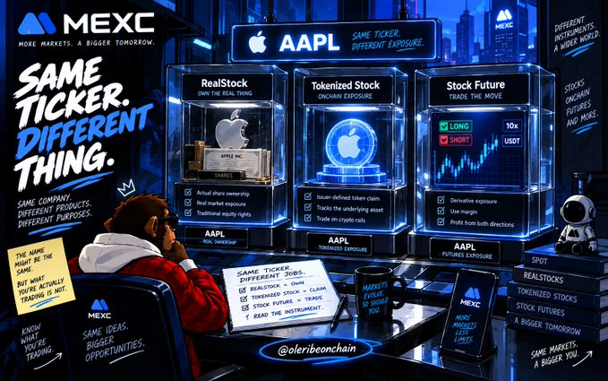 A futuristic MEXC promotional graphic titled "SAME TICKER. DIFFERENT THING." showcases three transparent displays comparing AAPL (Apple) as a RealStock, Tokenized Stock, and Stock Future, each highlighting different trading features like ownership exposure, on-chain claims, and derivatives with up to 10x leverage. A figure sits at a desk with sticky notes reading "THE NAME MIGHT BE THE SAME, BUT WHAT YOU'RE ACTUALLY TRADING IS NOT," reinforcing the post's message that the same ticker symbol represents fundamentally different products across MEXC's stock offerings.