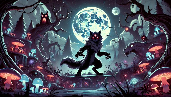 A digital illustration of a black werewolf with red eyes standing in a glowing mushroom forest under a large full moon, with spooky figures lurking in the twisted trees.