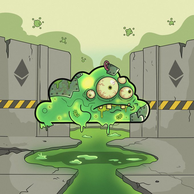 A cartoon illustration of a green slimy zombie creature with multiple bloodshot eyes standing between gray Ethereum-themed walls with yellow caution stripes, oozing green slime onto the cracked ground.