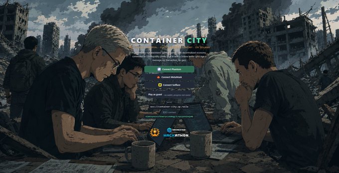 A 'CONTAINER CITY' login page with an anime-style illustration of people gathered around a laptop in a post-apocalyptic ruined city, featuring Phantom, MetaMask, and WalletConnect options.