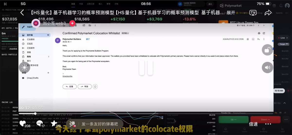 In this image, a computer screen displays an email conversation between two people discussing Polymarket's trading strategies. The text of the email shows that it was sent from China with the subject line "抖音开始给我推送Polymarket的量化机器学习策略了". This message is accompanied by various options for the recipient to respond, such as deleting or replying. The image also displays several stock market charts and graphs, indicating that Polymarket has been actively monitoring these markets to develop trading strategies for its clients' accounts.