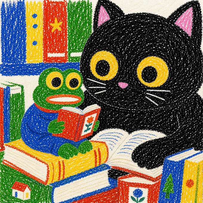 A colorful crayon-style illustration of a black cat and a green frog sitting together, both reading books in front of a bookshelf filled with colorful books.