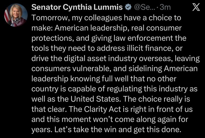 A tweet from Senator Cynthia Lummis (@Se...) advocating for American leadership and consumer protections in the digital asset industry, referencing the Clarity Act.