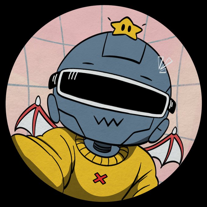 An illustration of a gray robot wearing a VR headset and a yellow sweater with a red cross, featuring small bat wings and a yellow star on top of its head.