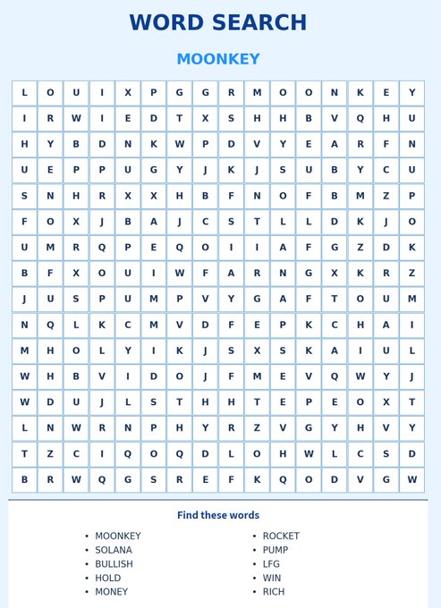 A word search puzzle titled 'MOONKEY' with a grid of letters and a list of words to find including MOONKEY, SOLANA, BULLISH, HOLD, MONEY, ROCKET, PUMP, LFG, WIN, and RICH.