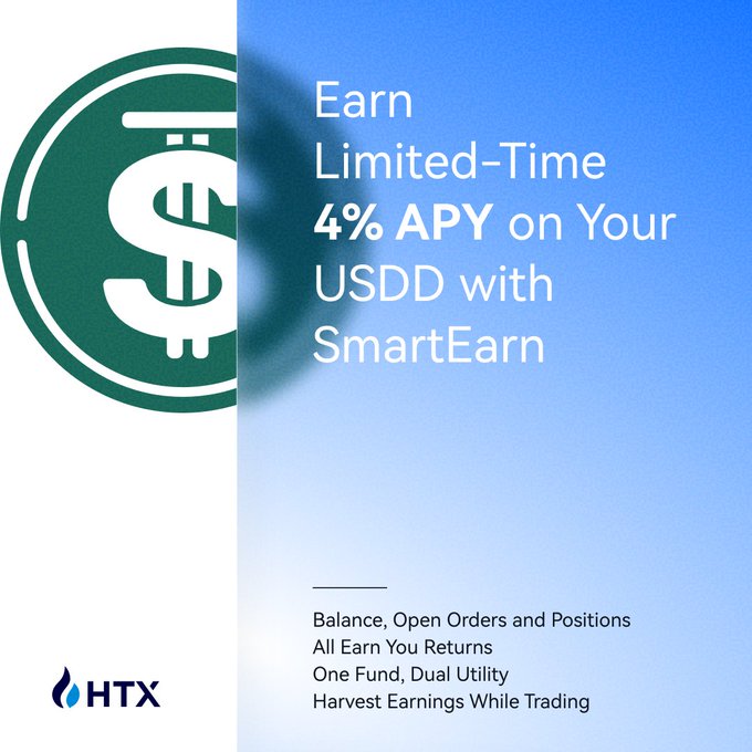 The image features a green dollar sign with the text "earn limited-time 4% APY on your USDD with Smart earning". This is meant to encourage people to invest their money at the APY rate, as well as take advantage of the flexibility offered by using USDDS for trading. By doing so, they can potentially earn passive income while maintaining the ability to continue trading and managing their assets as required in order to make a profit from the markets. The text emphasizes the advantages of combining both passive income opportunities with active trading options through the APY scheme.