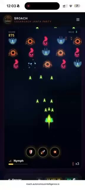 The image shows a cell phone screen displaying an advertisement for a video game called "Roach Wars". It features a large number of Roaches scattered across the screen with various weapons such as guns, swords, and shields. The text on the screen reads "Roach Wars" and "Defender Is Here Welcome to the next evolution of on-chain gaming on Solana. Play-to-Earn Level Up Your Roach Earn Rewards Defeat Enemies & Climb Ranks Build Your Roach Army".
