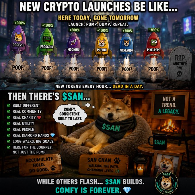 A promotional graphic titled 'NEW CRYPTO LAUNCHES BE LIKE...' showing rocket memes for tokens like DOGE2.0, FROGCOIN, and PUPINU with the tagline 'WHILE OTHERS FLASH... $SAN BUILDS. COMFY IS FOREVER.'