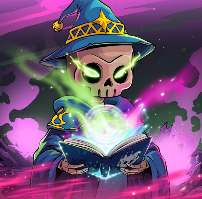 A vibrant cartoon illustration of a skeletal wizard in a blue star-pointed hat reading from a glowing spellbook, emanating green and pink magical energy.