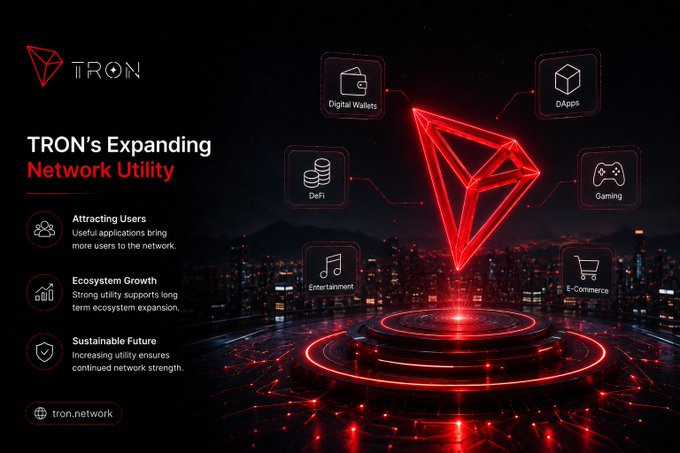 Infographic for TRON titled 'TRON's Expanding Network Utility' showing features like Digital Wallets, DeFi, Entertainment, Gaming, and E-Commerce, with benefits including 'Attracting Users', 'Ecosystem Growth', and 'Sustainable Future', branded with tron.network.
