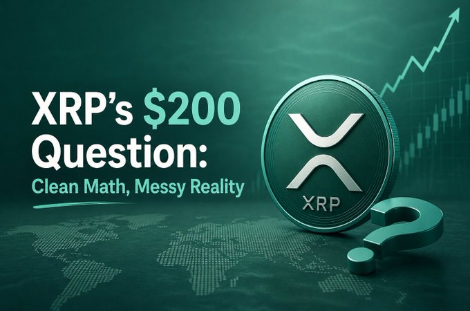 A graphic featuring an XRP cryptocurrency coin and a question mark on a dark green background with a world map and upward arrow. Text reads 'XRP's $200 Question: Clean Math, Messy Reality'.