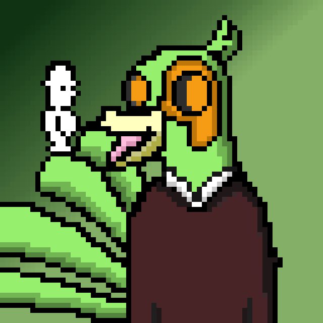 Pixel art artwork depicting a green cartoon frog character wearing a brown vest with a white collar, holding a sandwich in its mouth, with a small white skull-and-crossbones symbol next to it.