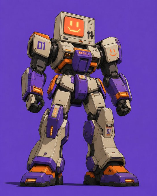 A pixel art illustration of a blocky purple and orange robot with a smiling screen face and the number '01' on its shoulder, standing against a purple background.