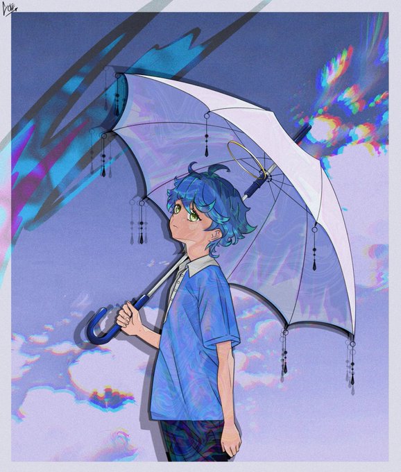The image features a young boy with blue hair holding an umbrella, standing against a backdrop of clouds. The sky behind him appears to be purple or blue, depending on the lighting conditions. The caption for this image reads "“Blue in the rain” 0.012 eth @TransientLabs".