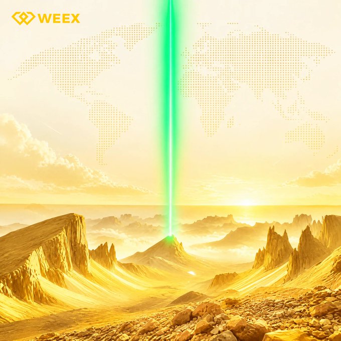 A golden landscape features a green beam of light shooting up from a mountain peak, with the "WEEE" logo in the top-left corner—symbolizing bullish green market action amid a sunrise backdrop, fitting the "What's green today?" theme.