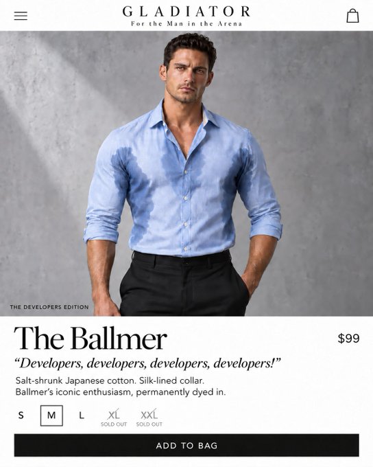 An online shopping page for 'GLADIATOR - For the Man in the Arena' showing a male model wearing a light blue button-up shirt, product named 'The Ballmer' priced at $99, with the tagline 'Developers, developers, developers, developers!'