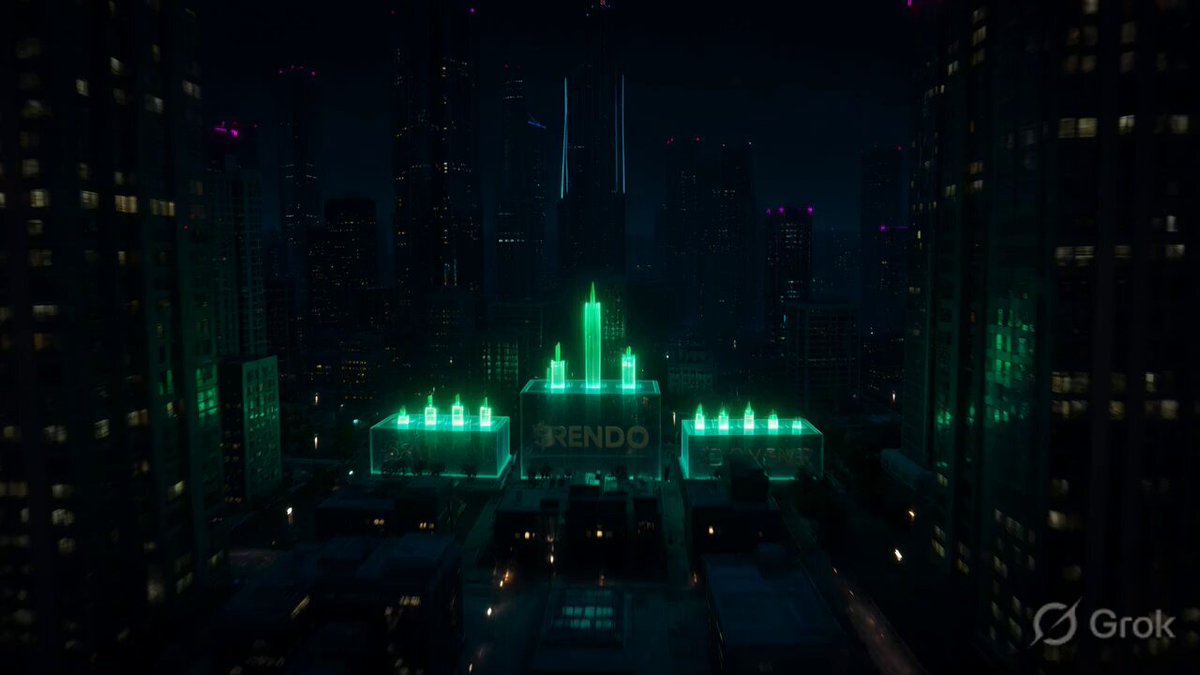 The image shows a city skyline at night, with neon lights illuminating the buildings. The most prominent building has its name "Rendo" written on it, which stands out against the dark sky. The surrounding area features tall buildings that are illuminated by various neon lights, creating a vibrant and lively atmosphere.