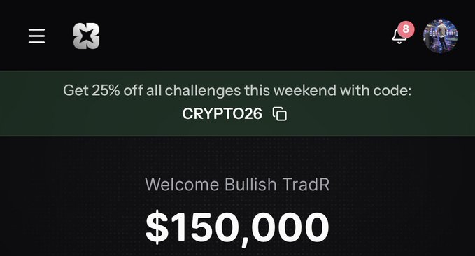 A mobile app screenshot welcoming 'Bullish TradR' with a $150,000 balance, displaying a 25% off promo code 'CRYPTO26' and a notification icon showing 8 alerts.