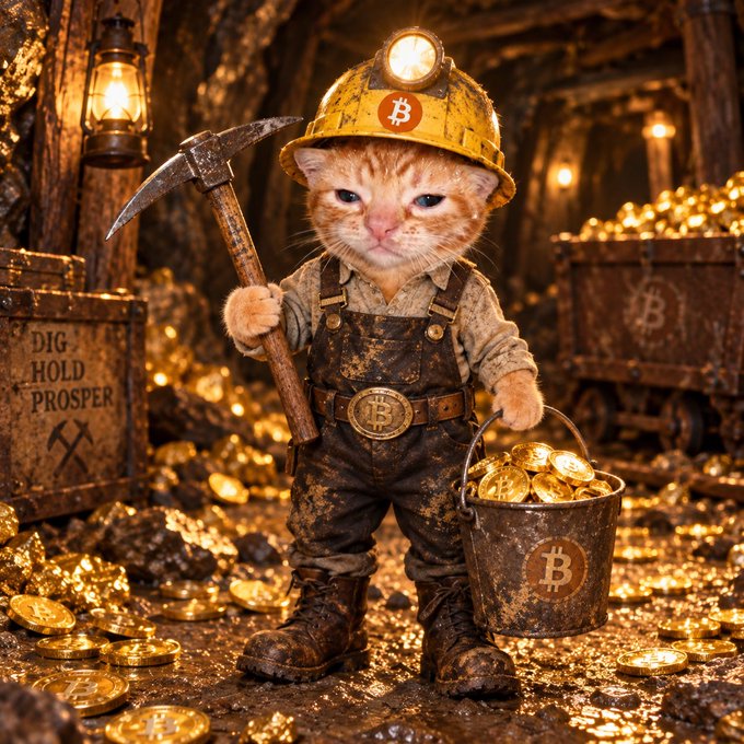 A cute orange kitten dressed as a Bitcoin miner wearing a hard hat with a headlamp and overalls, holding a pickaxe and a bucket of Bitcoin coins in a gold-filled mine. A sign reads 'DIG HOLD PROSPER.'
