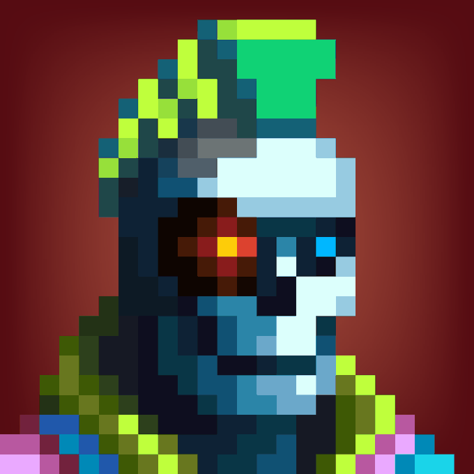 A pixel art portrait of a character in blue and green armor or a helmet against a dark red background.