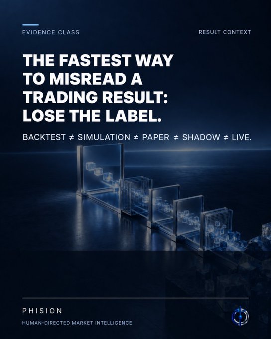 PHISION promotional graphic titled 'THE FASTEST WAY TO MISREAD A TRADING RESULT: LOSE THE LABEL' with tags Backtest, Simulation, Paper, Shadow, Live.