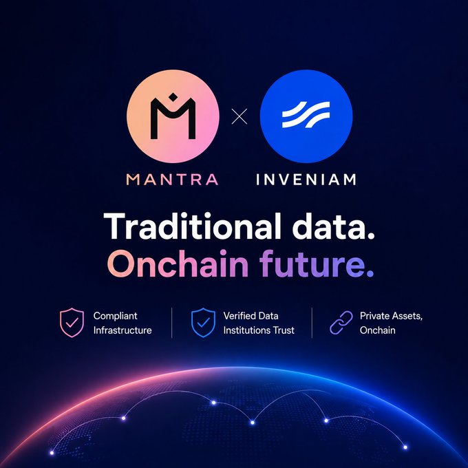 **Caption:** A promotional graphic announcing a partnership between Mantra and Inveniam with the tagline "Traditional data. Onchain future," highlighting key benefits including compliant infrastructure, verified data institutions trust, and private assets onchain.

**Connection to the post:** The image visually represents the collaboration described in the post, where Mantra and Inveniam are joining forces to bridge traditional institutional asset management with blockchain technology—aligning with the author's observation that institutions are now proactively bringing their private market assets onchain rather than being persuaded to do so.