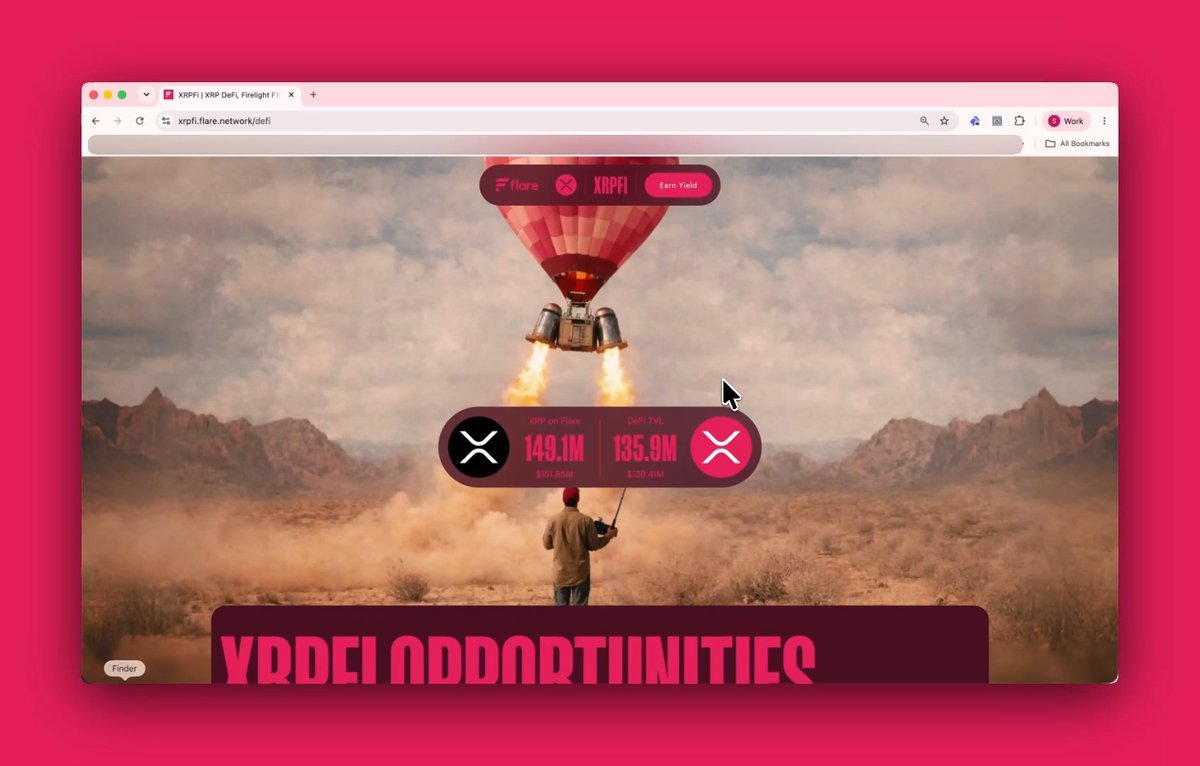 A webpage mockup for 'xrpfi.flare.network/defi' features a 3D scene of a rocket-powered capsule descending over a desert landscape, displaying 'XRP on Flare' at '149.1M' and 'DeFi TVL' at '135.9M'.