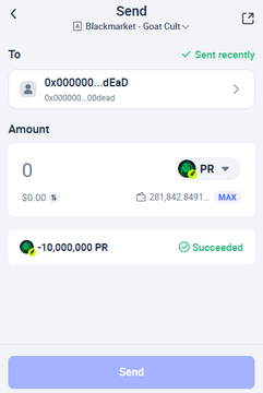 A mobile wallet send screen displays a successful transaction of +10,000,000 $PR tokens to address 0x000000…d0eAD (a burn address), illustrating the post's announcement that 10M $PR was permanently burned forever as part of Blackmarket's Protocol Voting week.