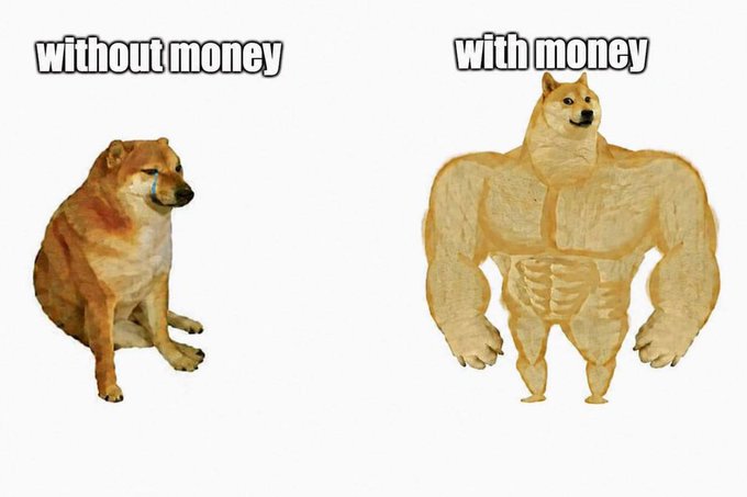 The image is a popular "Buff Doge vs. Cheems" meme showing two Shiba Inu dogs side-by-side: a weak, sad-looking one labeled "without money" and a muscular, confident one labeled "with money." This pairs perfectly with the caption "Swoge love his stacks of cash," humorously implying that holding money transforms him from a weakling into a powerful, confident figure.