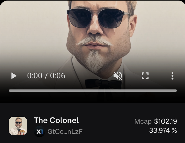 A video player interface displays a stylized illustration of a man wearing sunglasses and a bowtie, titled "The Colonel" with the ticker "GtCc...nLzF," showing a market cap of $102.19 and a 33.974% change, promoting the degen.fyi X1 token launcher platform for creating meme tokens.