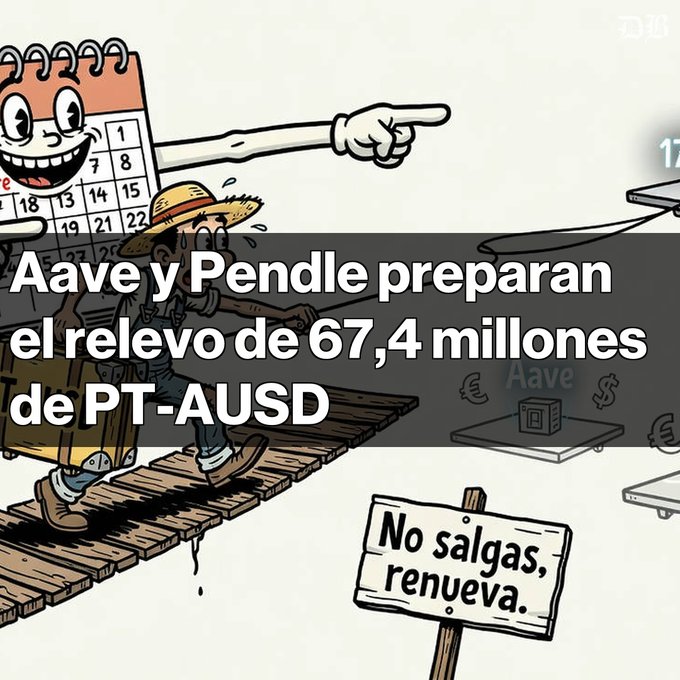 A cartoon-style graphic with a character walking on a wooden bridge, featuring the Spanish text 'Aave y Pendle preparan el relevo de 67,4 millones de PT-AUSD' and a sign reading 'No salgas, renueva.'