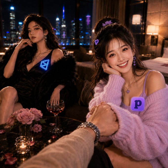 Two stylish women posing in a luxurious nighttime city setting, with a third person's arm holding the smiling woman's hand in the foreground; both women have crypto logo overlays (TON and P).