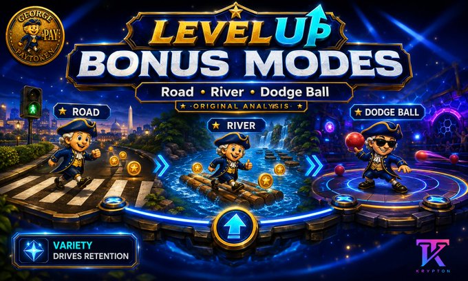 A colorful banner for a game displays 'LEVEL UP BONUS MODES' with the sub-modes 'Road', 'River', and 'Dodge Ball', alongside the logos 'GEORGE PAY' and 'KRYPTON'.