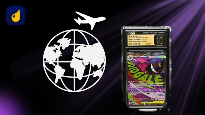 A promotional graphic featuring a white globe icon, an airplane, a yellow flame logo, and a graded 'Mega Gengar ex' Pokémon card valued at $5,539.36 against a purple background.