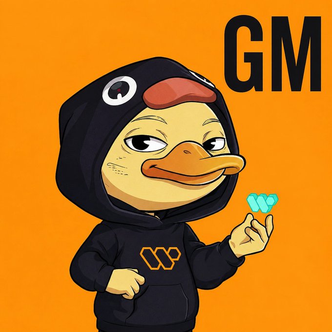 The image features a cartoon duck character wearing a hoodie with the letters "GM" written across it. The duck appears to be holding a blue heart-shaped object in its beak, possibly a symbol of love or affection. The background is orange, which contrasts nicely with the black and white colors of the cartoon duck's outfit. The image also includes text that reads: "GM Staying active with @wallchain and learning more about its mission to improve on-chain execution and user outcomes." This suggests that the cartoon character might be associated with a company or project related to blockchain technology, where the letters "G" and "M" could represent the names of the company's founders or the project's title.