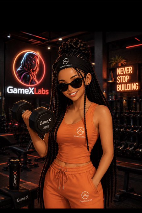An AI-generated image of a woman in an orange athletic outfit holding a 20KG GameX dumbbell in a gym setting, featuring a neon 'GameXLabs' sign and a 'NEVER STOP BUILDING' motivational sign.
