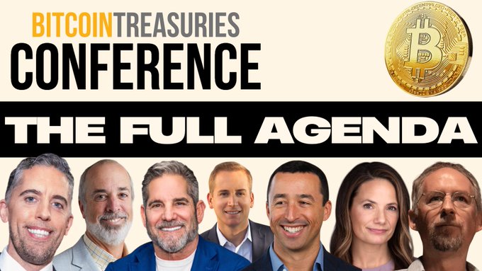 A banner for the Bitcoin Treasuries Conference displaying 'THE FULL AGENDA' with a gold Bitcoin coin and headshots of seven speakers lined up at the bottom.