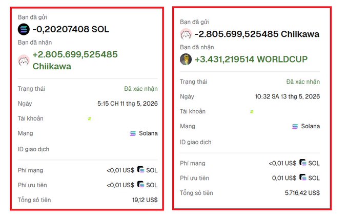 Two cryptocurrency transaction receipts on the Solana network showing a swap from SOL to Chiikawa tokens (worth $19.12) and from Chiikawa to WORLDCUP tokens (worth $5,716.42), dated May 2026. The transactions relate to the user's confusion about finding unexpected funds in an old wallet, with the WORLDCUP swap explaining how the $5,700 ended up there.