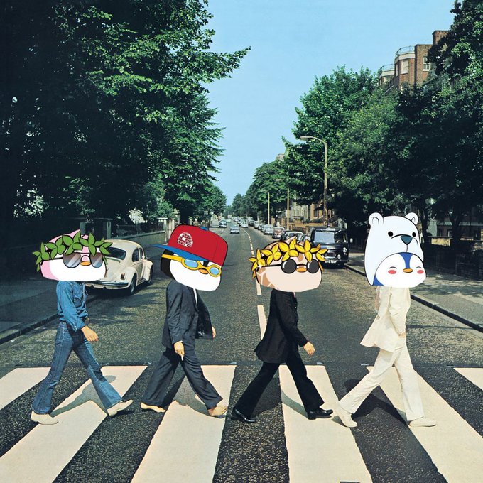A parody of the Beatles' Abbey Road album cover, where four figures walking across the crosswalk have been edited to have cartoonish animal and character heads instead of human faces.