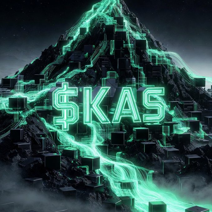 A glowing neon "$KAS" sign is embedded in a dark, mountainous landscape crisscrossed with electric green energy streams and digital cube structures, symbolizing Kaspa's ascent. The futuristic scene visually reinforces the post's message of $KAS rising to prominence among layer-1 blockchains after its upgrade.